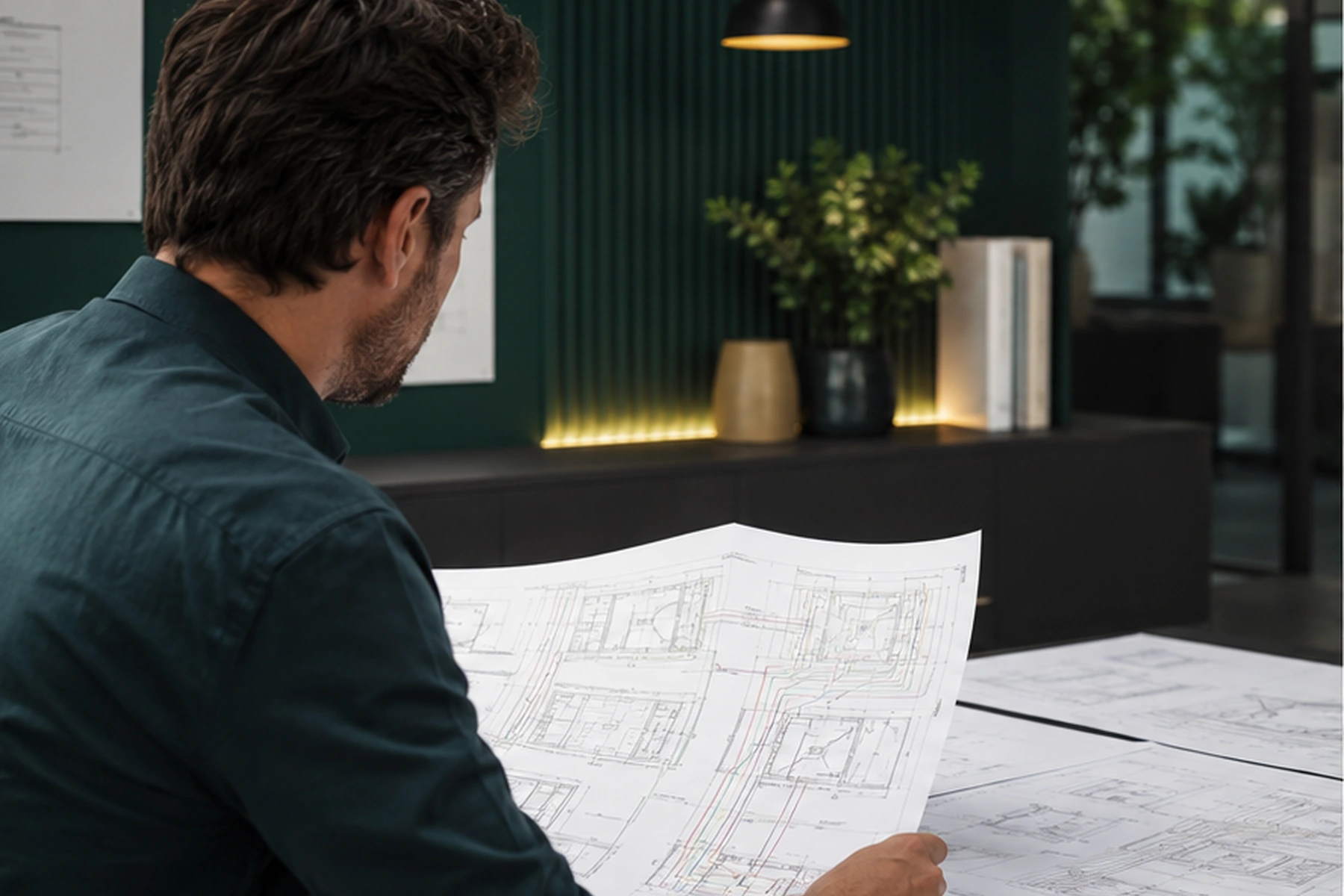 Gateways, Visualization & Central Control 9 Engineer reviewing smart building gateway project drawings