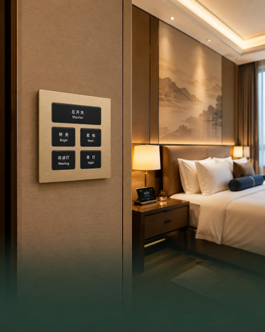 KNX Smart Switch Panels 11 KNX smart switch panels installed in a modern hotel guest room