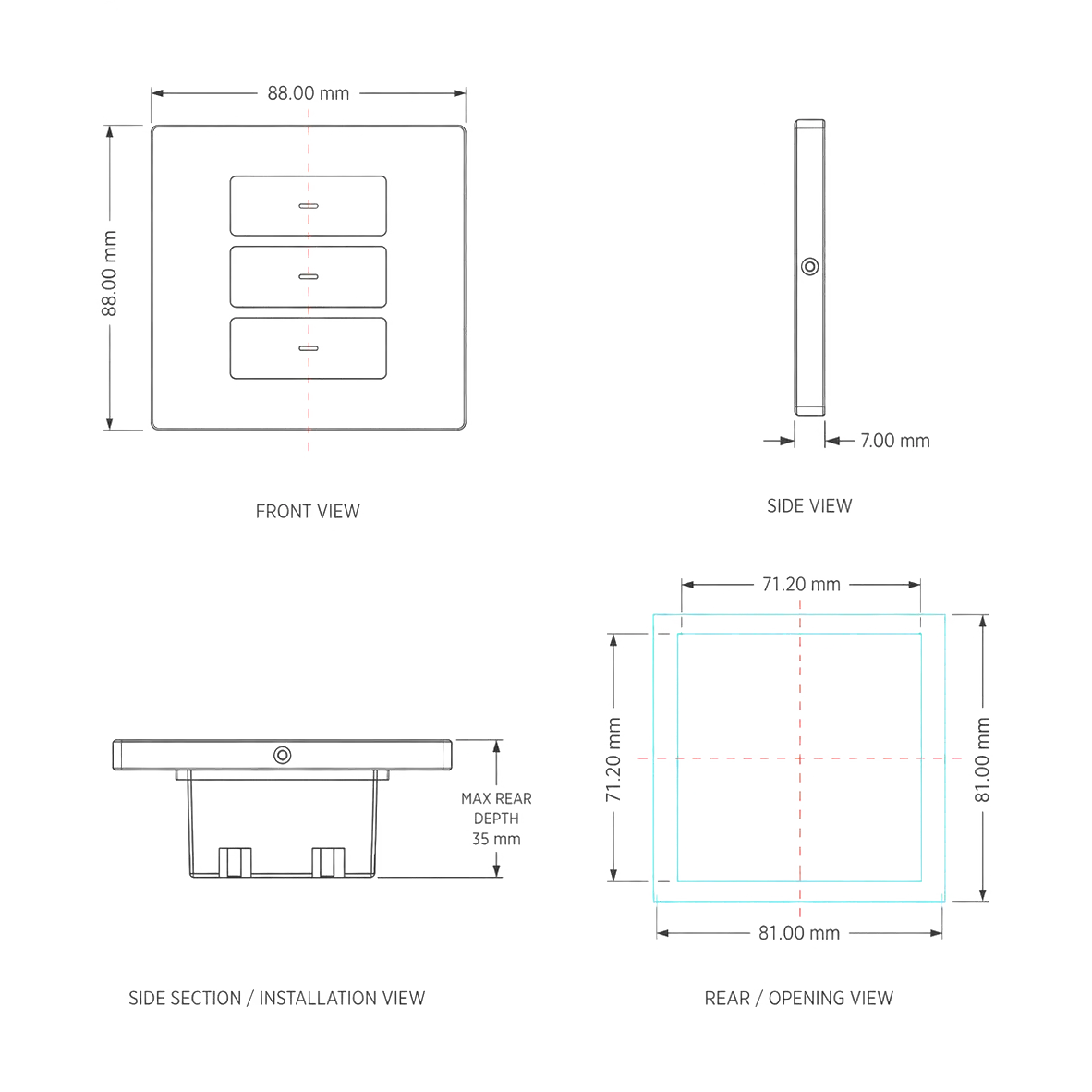 KNX metal smart switch panel dimensions with front side and rear installation views