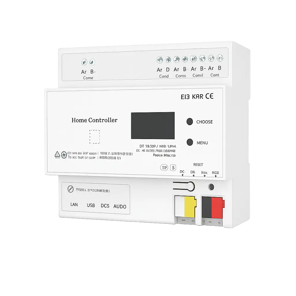DIN-rail KNX integration gateway with display and connection terminals