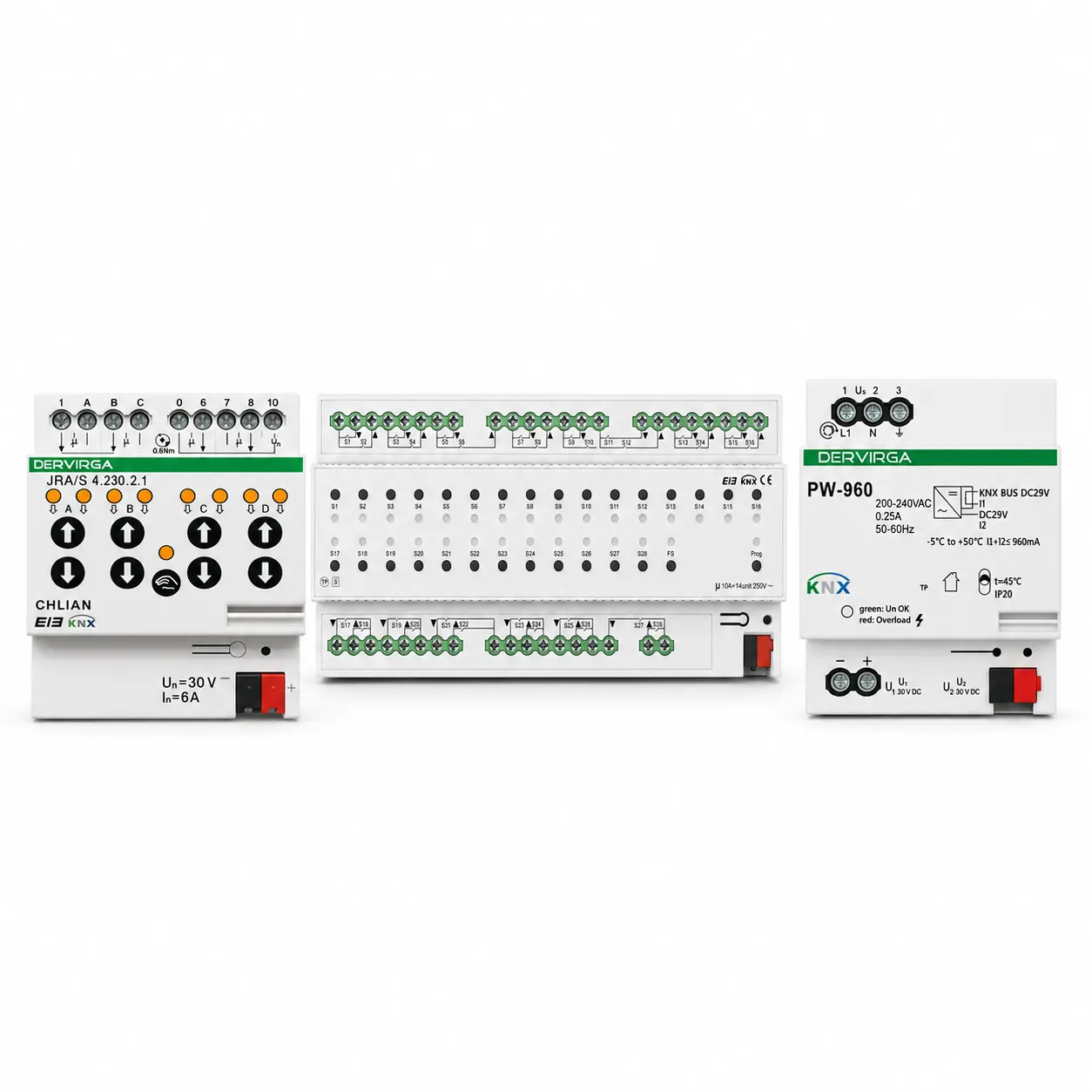 DERVIRGA KNX bus power supply and curtain control modules on a white background