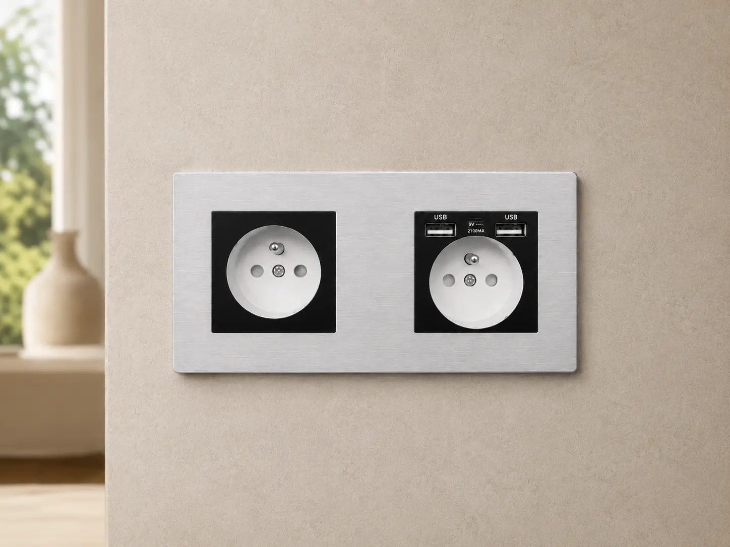 Champagne metal European socket with USB and Type-C charging ports