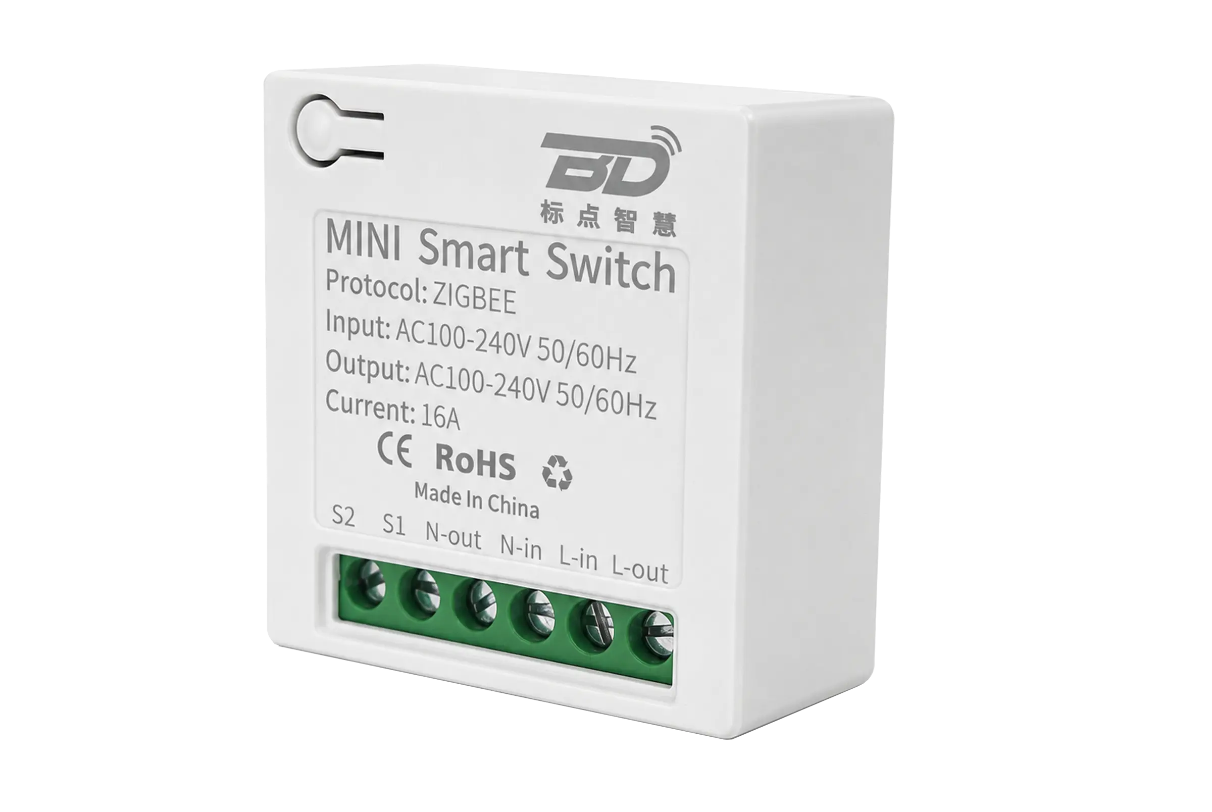 Zigbee Relays & Control Modules 5 MINI16A Zigbee in-wall relay module with green screw terminals