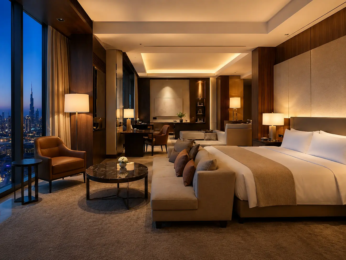 Luxury hotel suite interior at dusk
