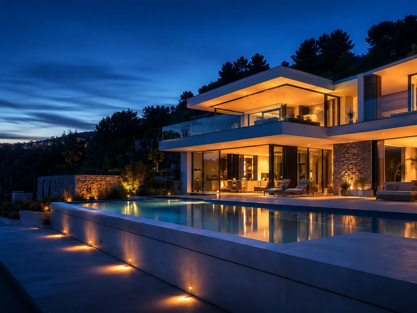 Modern villa with exterior lighting and swimming pool