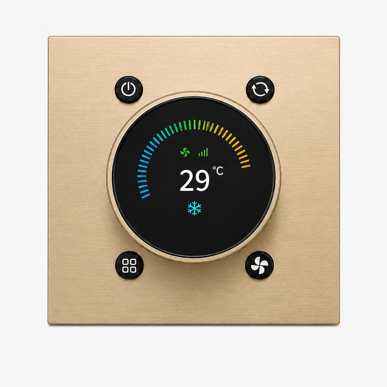 KNX Thermostats & Room Control 11 t8 3in1 knx knob t front brushed champagne KNX Thermostats & Room Control KNX ROOM CLIMATE CONTROL KNX Smart Controls & Matching Panels