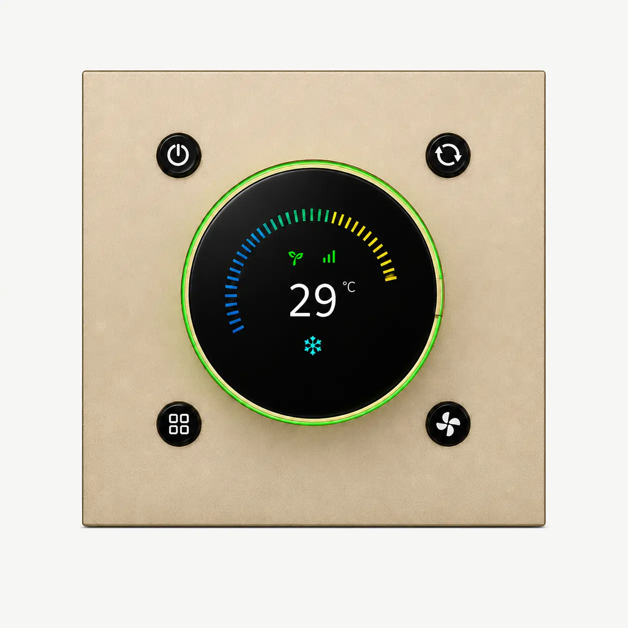 KNX Thermostats & Room Control 12 t8 3in1 knx knob t front sandblasted champagne KNX Thermostats & Room Control KNX ROOM CLIMATE CONTROL KNX Smart Controls & Matching Panels