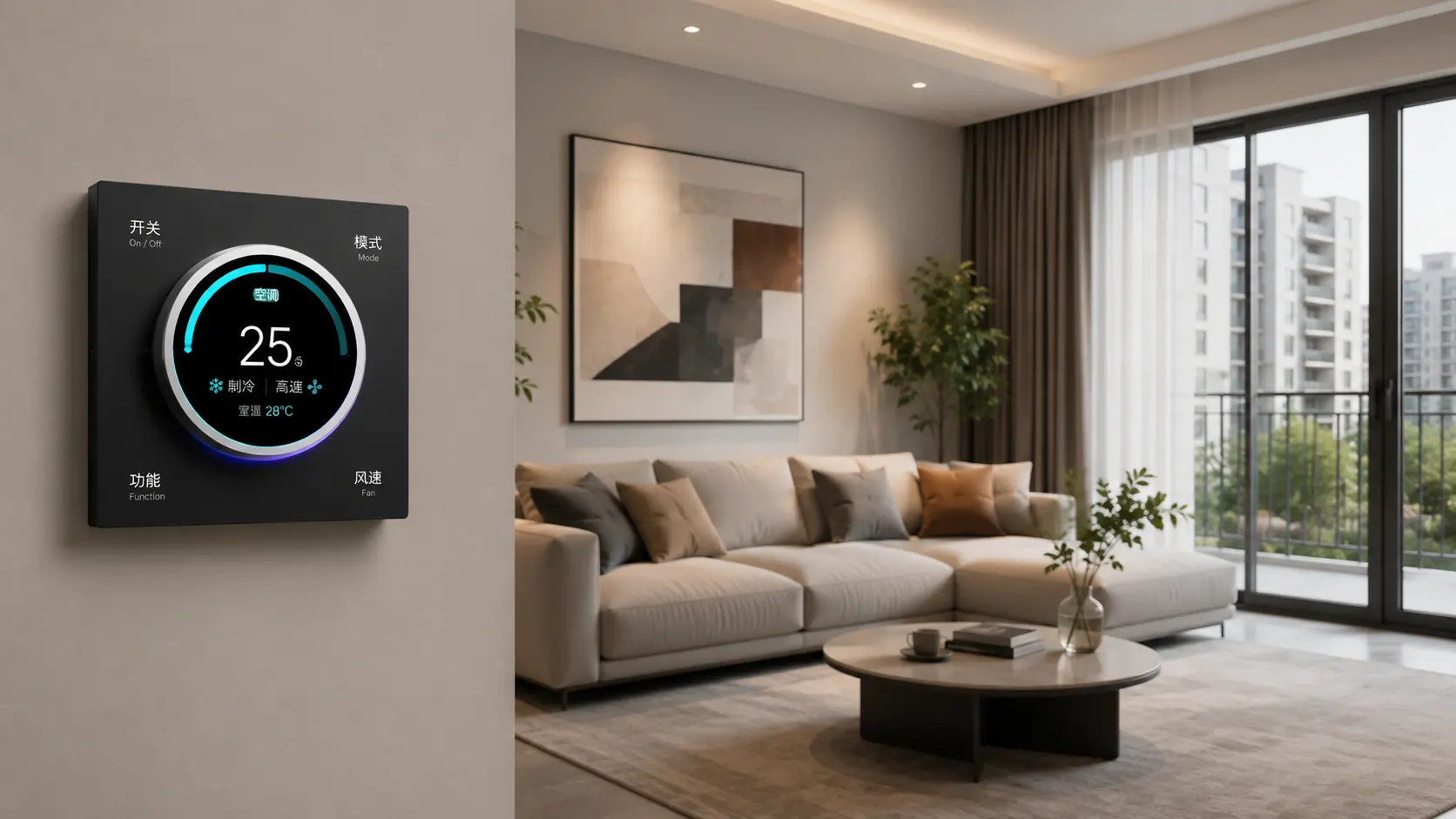 Tuya HVAC & Room Control 13 Tuya HVAC rotary thermostat application in a modern residential apartment