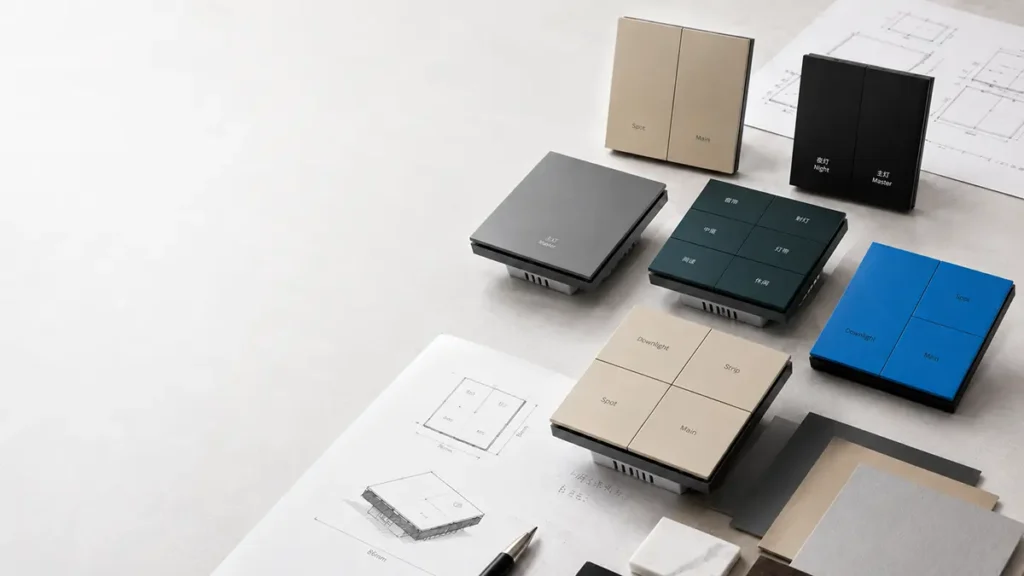 Tuya Zigbee smart switch panels with finish samples and design drawings for OEM projects