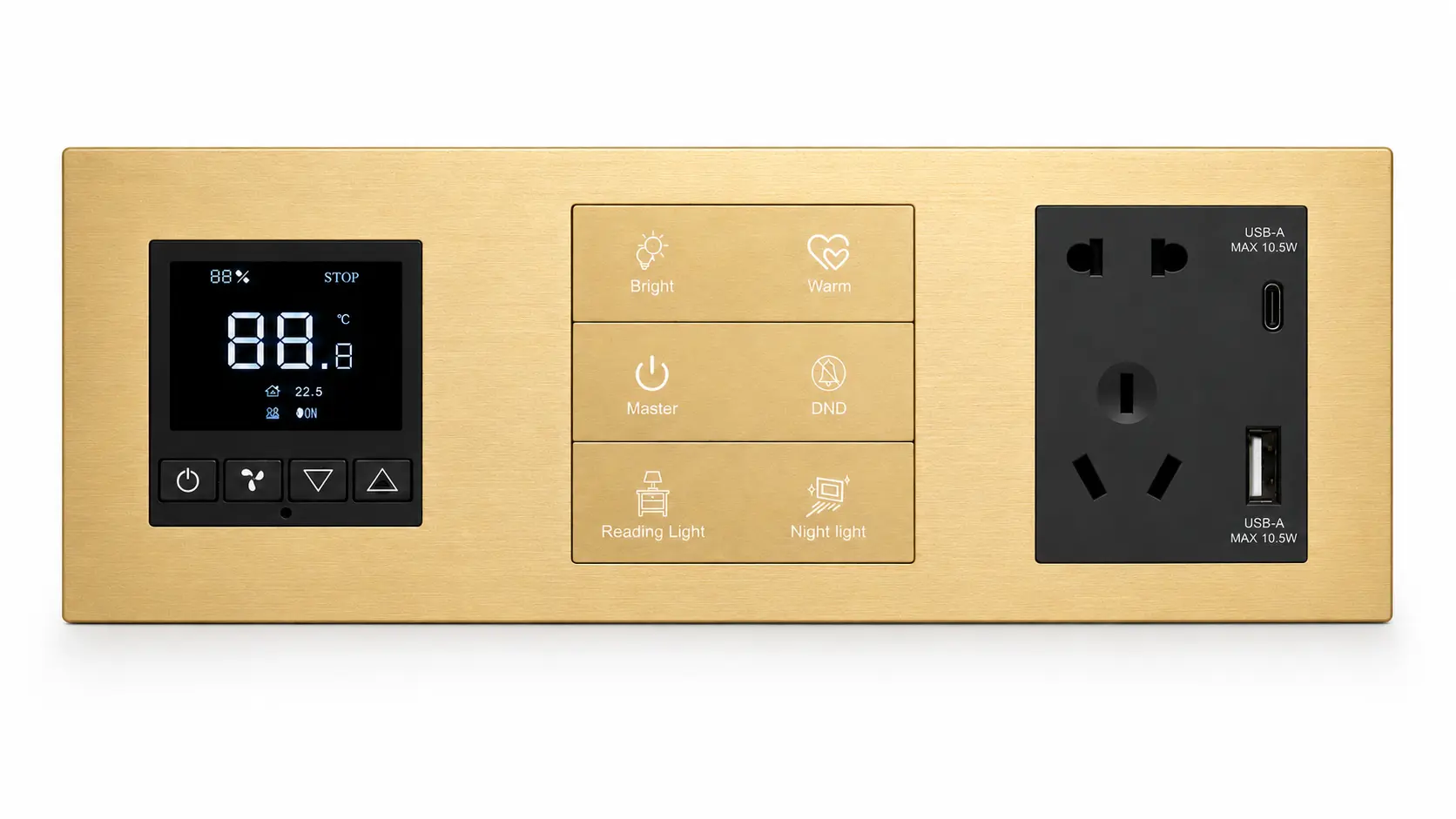 Brushed brass gold thermostat, five-key switch and USB socket combination panel