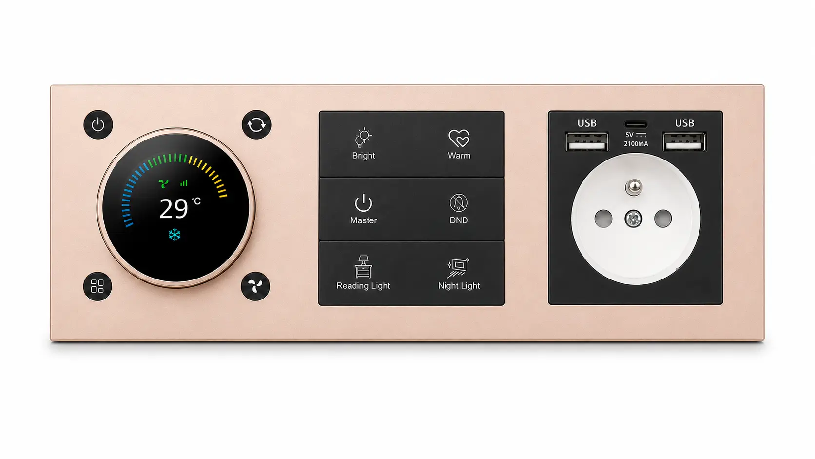 Brushed gold room thermostat, smart switch keys and USB socket combination panel