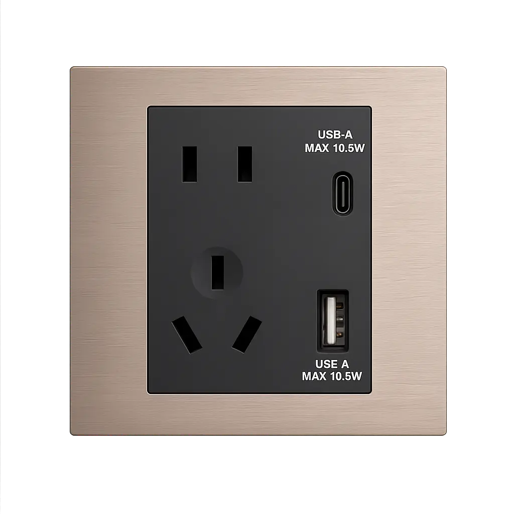 Brushed rose gold metal 5-pin wall socket with USB-A and USB-C charging ports