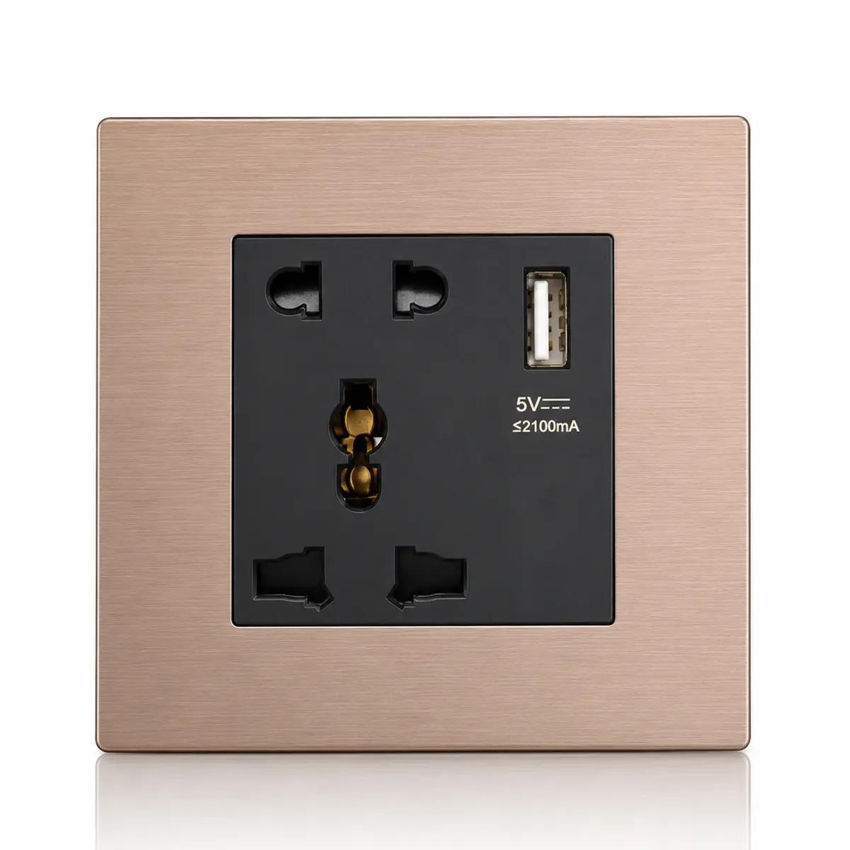 Brushed rose gold metal universal wall socket with integrated USB-A charging port