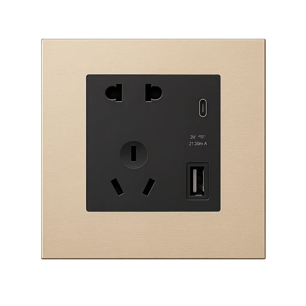 Champagne gold metal 5-pin wall socket with USB-A and USB-C charging ports