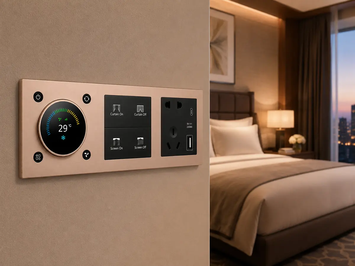Hotel automation room control panel with thermostat curtain control and power socket
