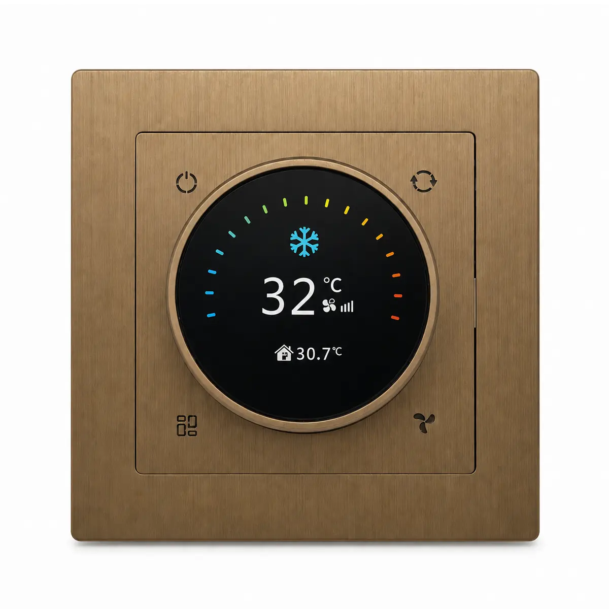 DERVIRGA brass-finish KNX rotary thermostat and room controller front view