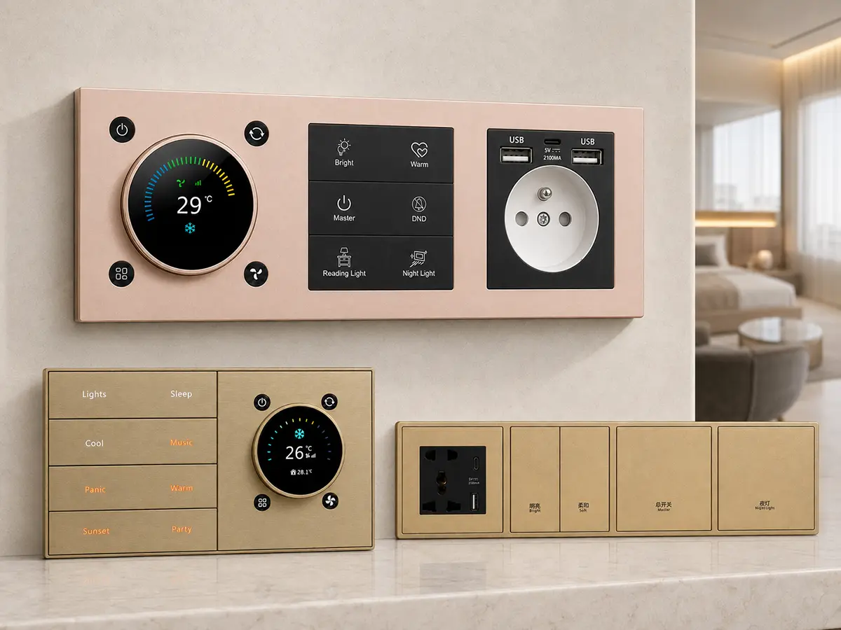 Smart switches thermostats and room control panels for residential and hotel automation