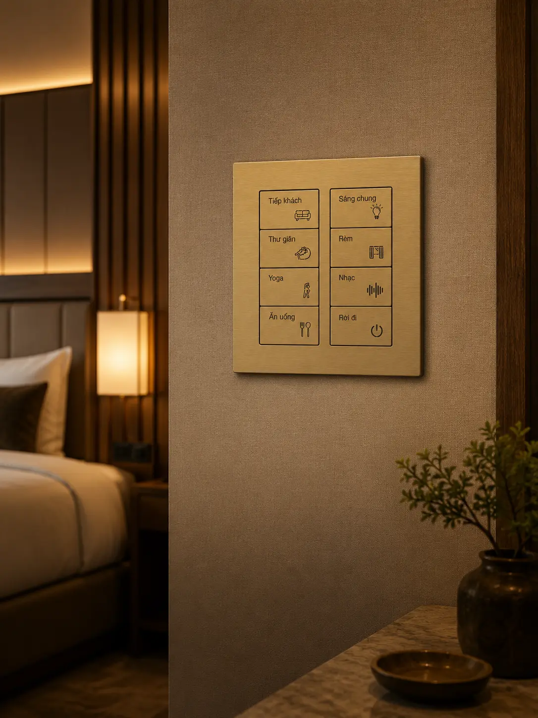K600 KNX Metal Smart Switch Panel Series 6 K600 KNX metal smart switch panel in a premium hotel guest room application