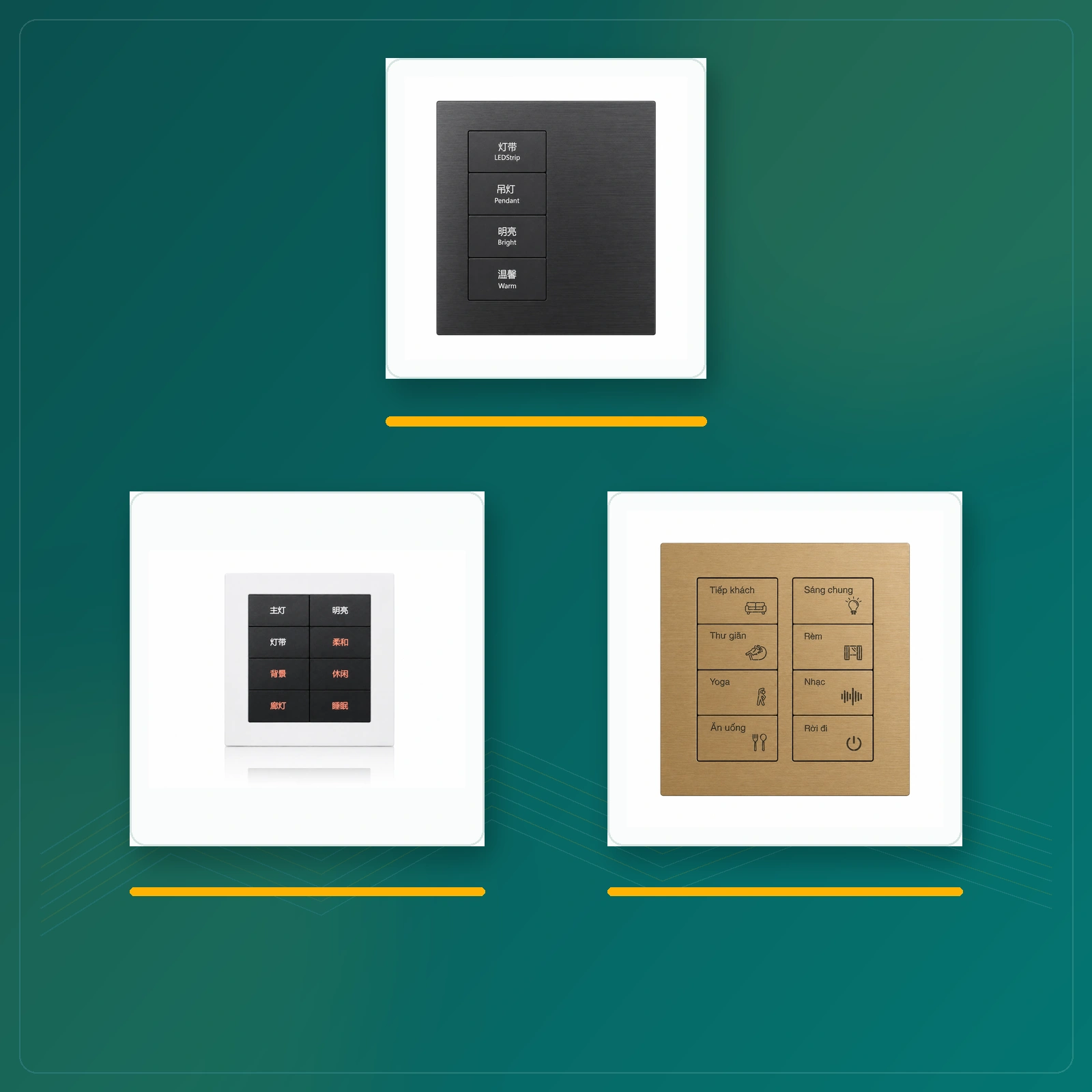 K600 KNX Metal Smart Switch Panel Series 1 K600 KNX metal smart switch panel series showing 4-button, 8-button black key and 8-button matching metal key layouts