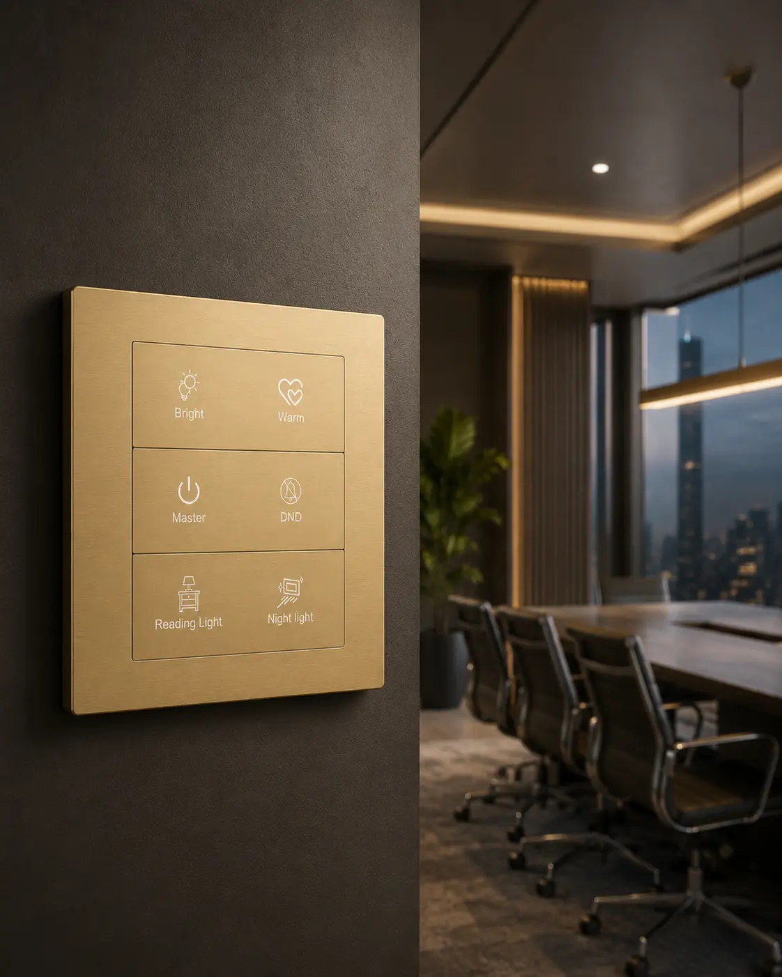 K602 KNX Metal Smart Switch Panel Series 9 K602 brass-gold KNX metal switch panel installed in a premium commercial meeting room