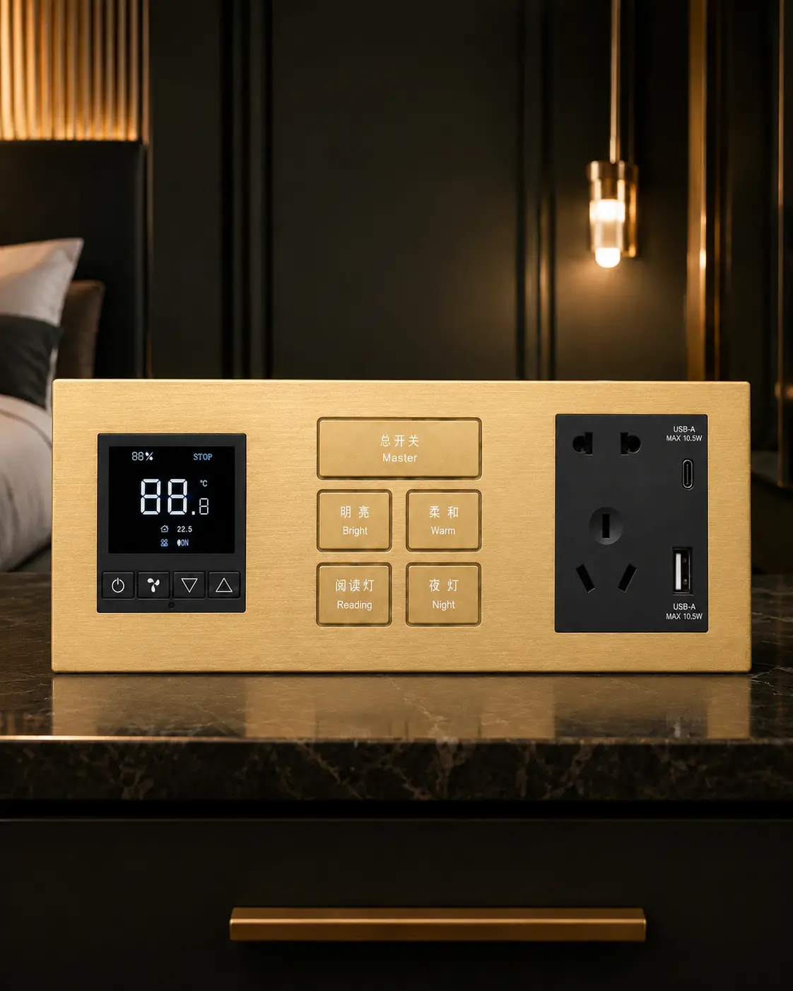 K602 KNX Metal Smart Switch Panel Series 8 K602 coordinated brass-gold control, room controller and socket panel combination in a premium interior