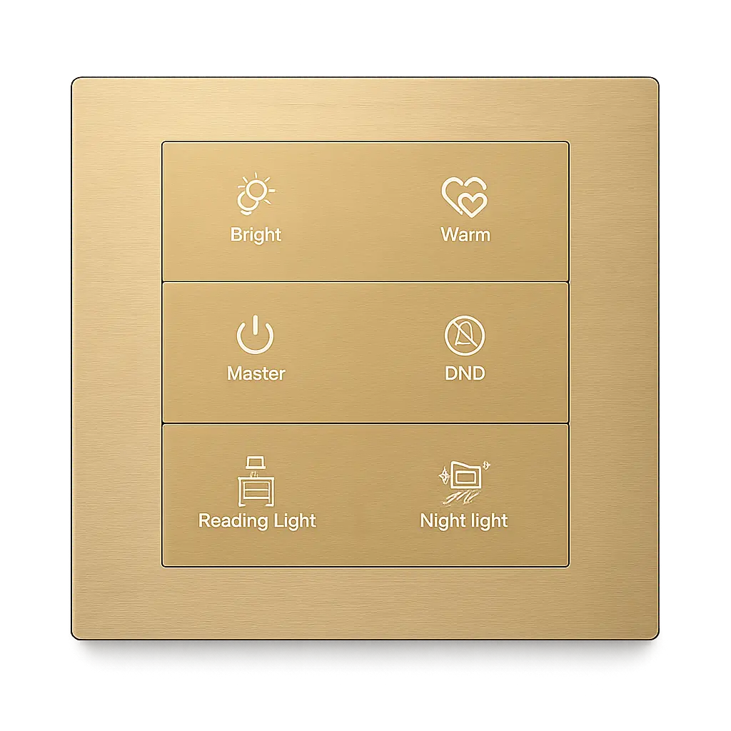 K602 KNX metal switch panel with six visible controls, printed icons and function labels