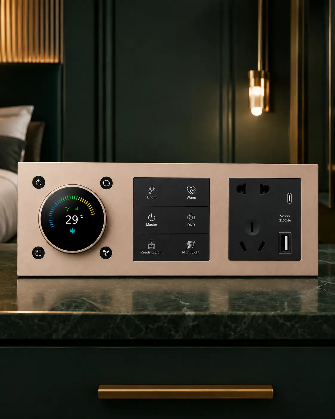 K602 KNX Metal Smart Switch Panel Series 6 K602 black-button KNX switch panel with matching room controller and socket modules in a hotel guest room setting