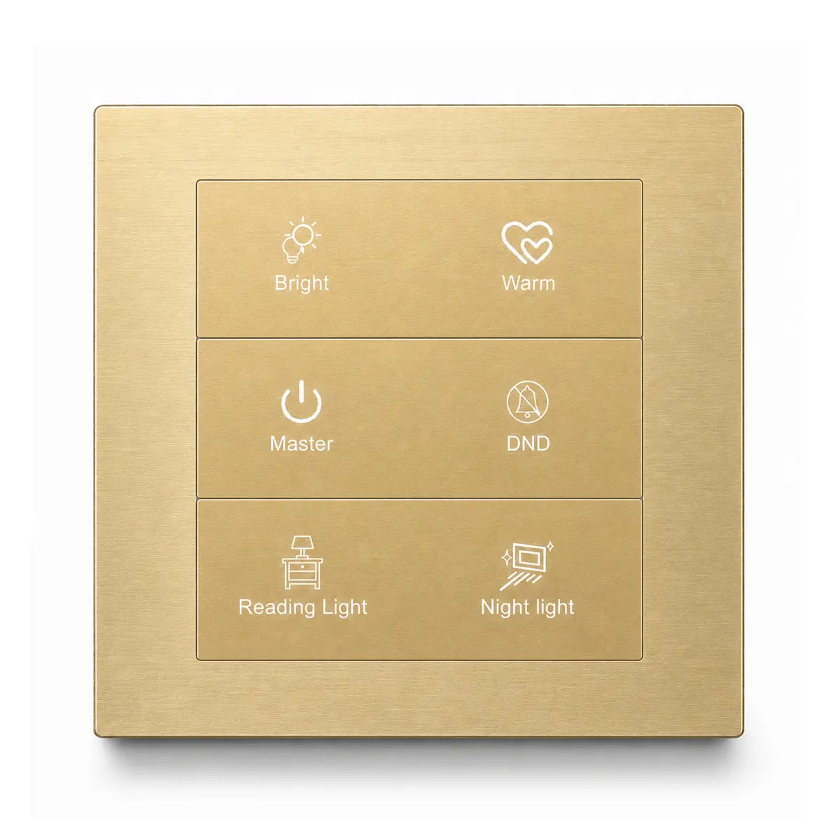 K602 KNX metal smart switch panel with six visible buttons in brass gold finish, front view