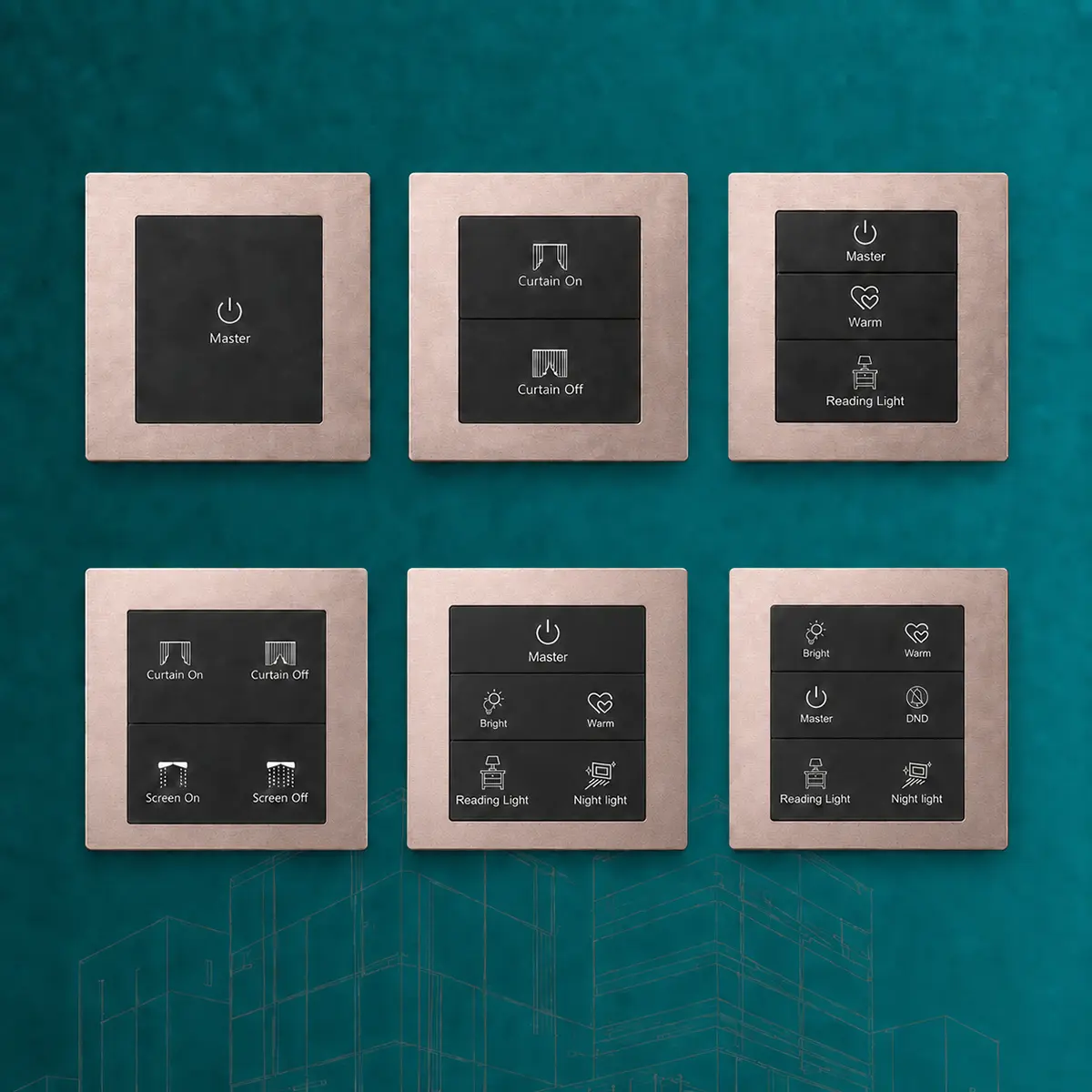 K602 KNX Metal Smart Switch Panel Series 1 K602 KNX metal switch panel shown in six visible layouts with rose-champagne metal frames and black buttons