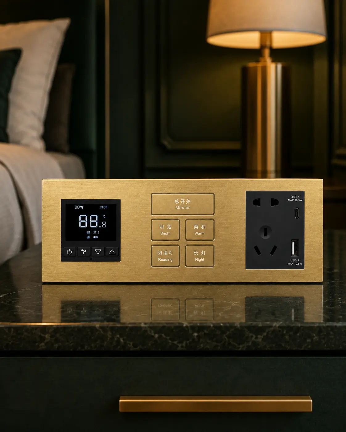 K602 KNX Metal Smart Switch Panel Series 7 K602 brass-gold KNX switch panel with matching room controller and USB socket modules in a residential bedroom setting
