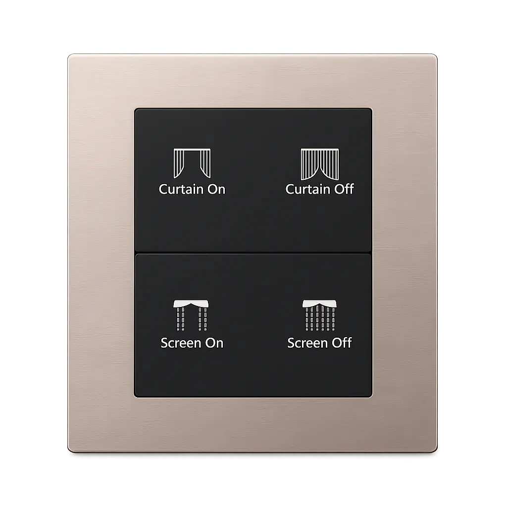 K602 KNX Metal Smart Switch Panel Series 4 K602 KNX metal switch panel with four black buttons and a rose-champagne metal frame