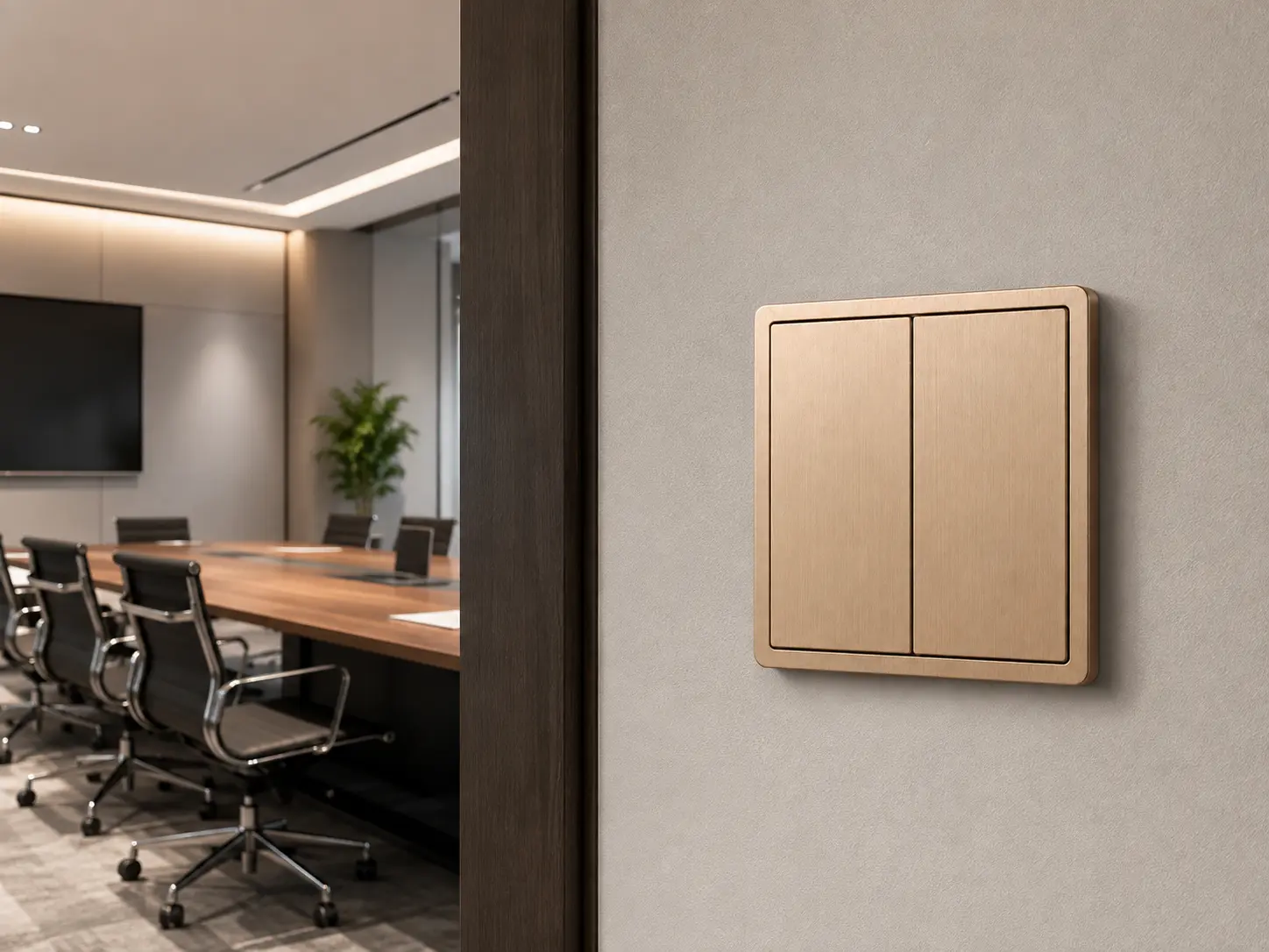 K801 KNX metal smart switch panel installed in a modern commercial meeting room