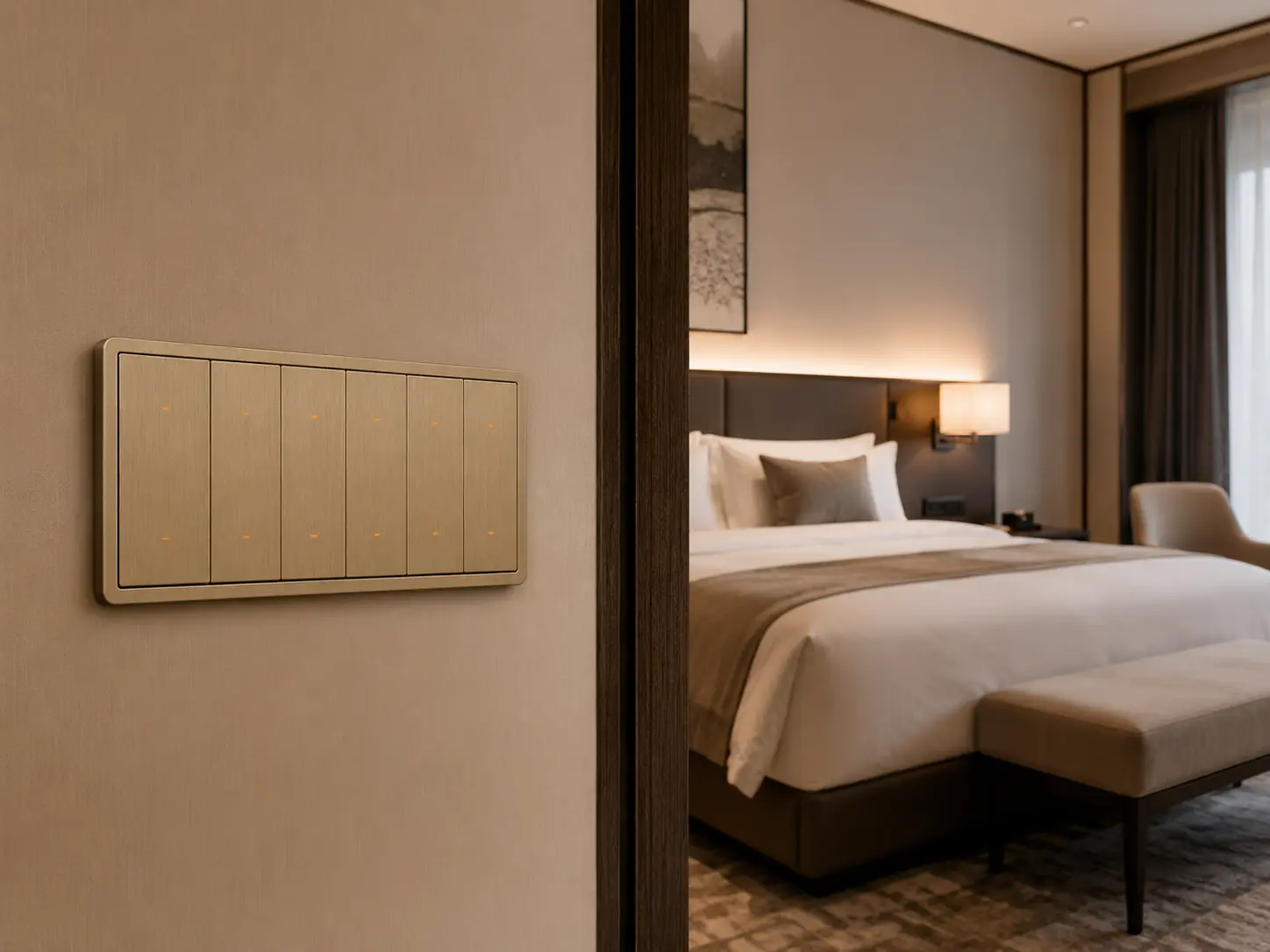 K801 KNX metal smart switch panel installed in a modern hotel guest room