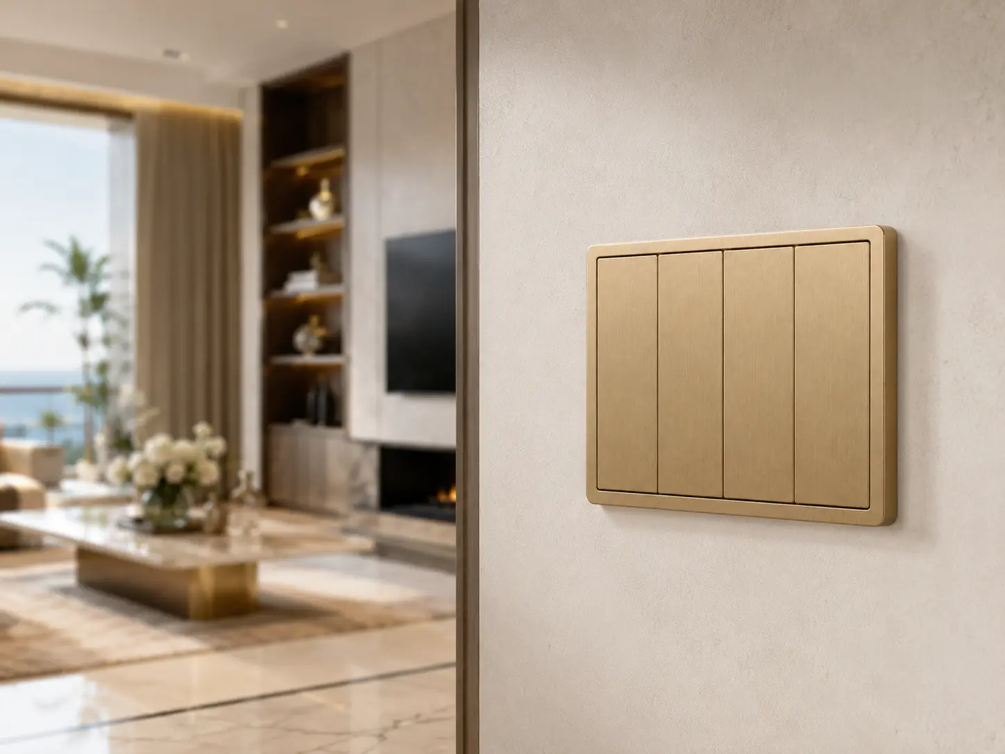 K801 KNX metal smart switch panel installed in a luxury villa living space