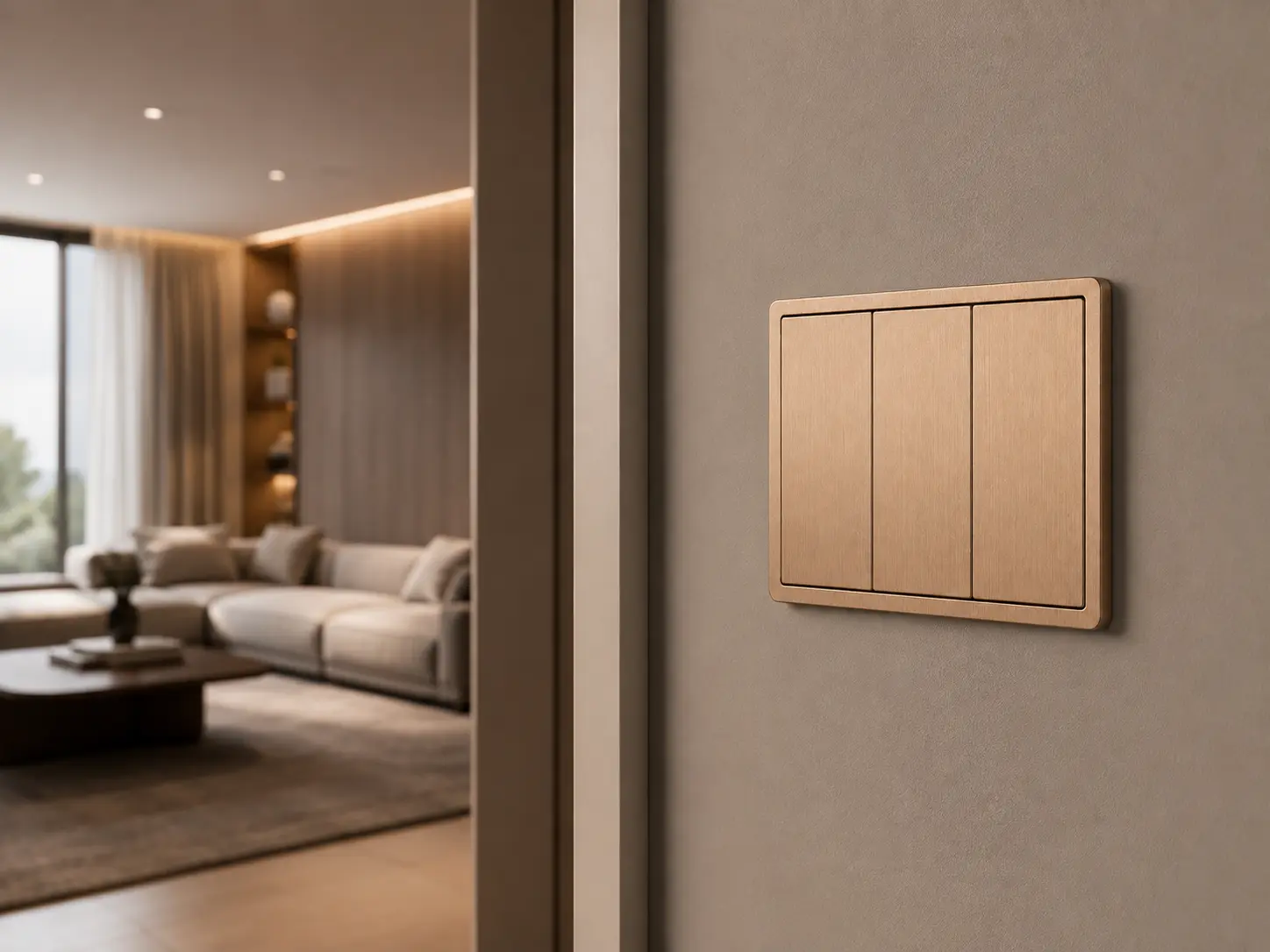 K801 KNX metal smart switch panel installed in a modern residential apartment