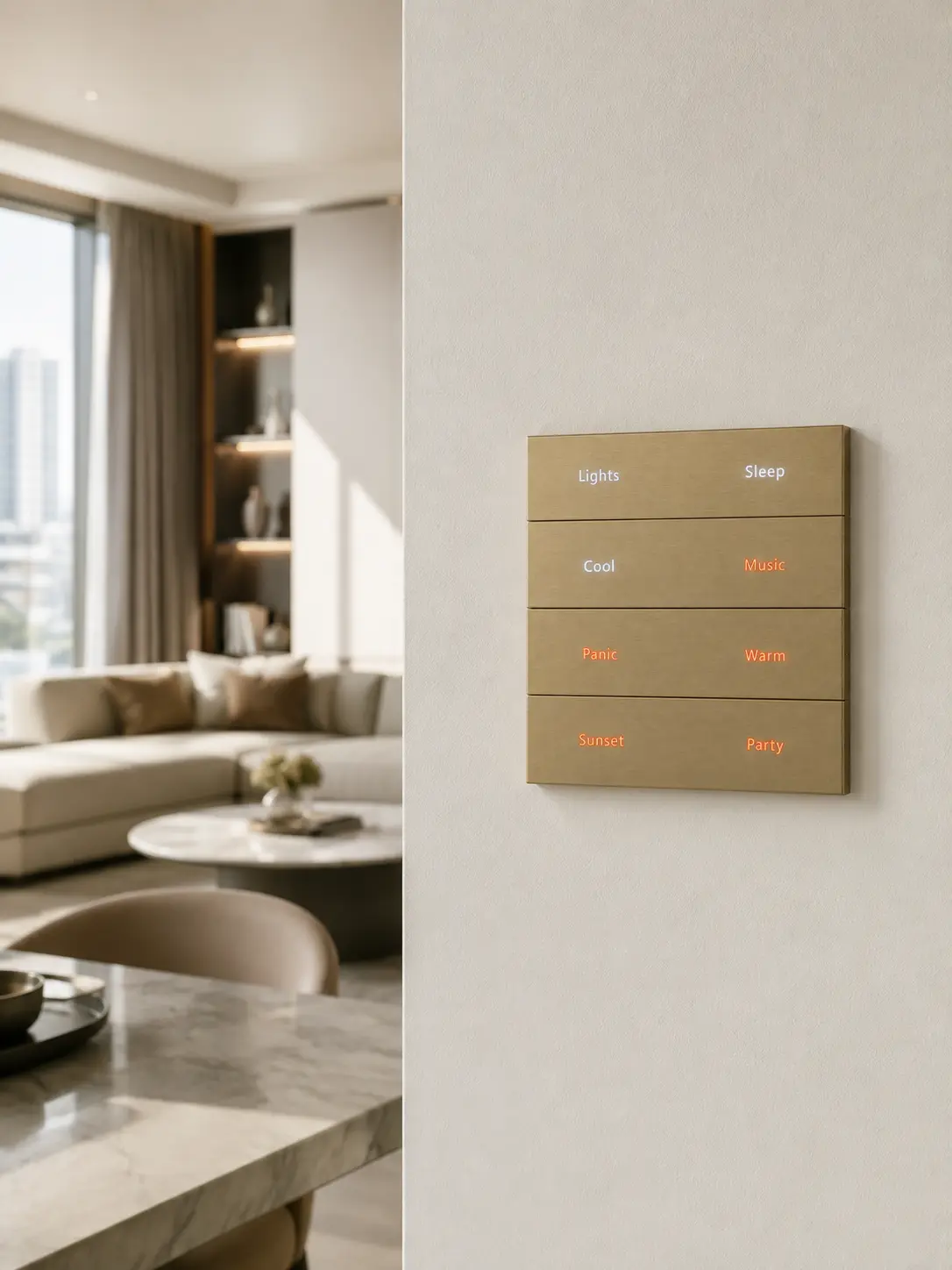 K900 KNX Metal Smart Switch Panel Series 8 K900 smart switch panel installed in a modern apartment living space