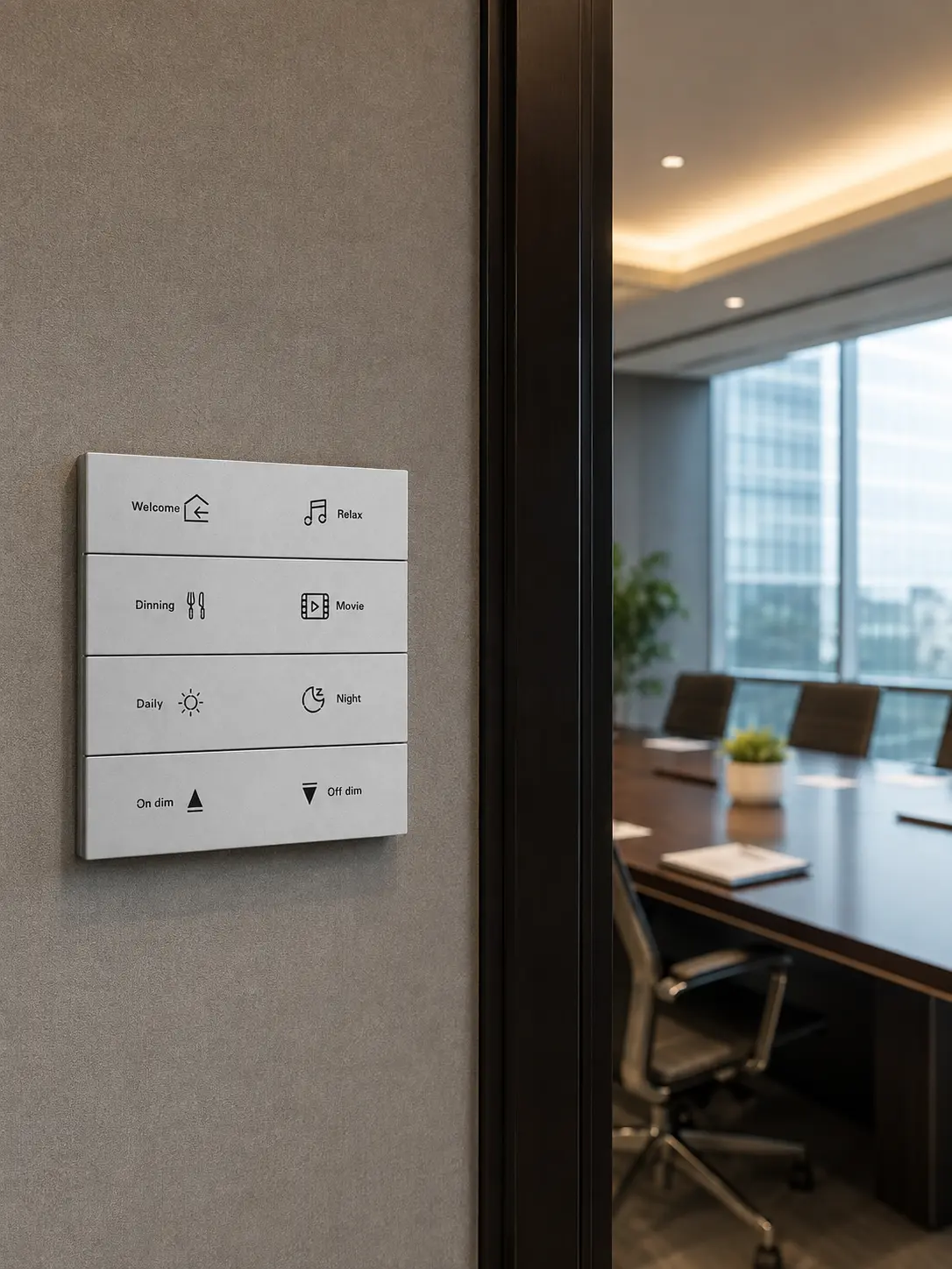 K900 KNX Metal Smart Switch Panel Series 9 K900 smart switch panel installed in a commercial meeting room