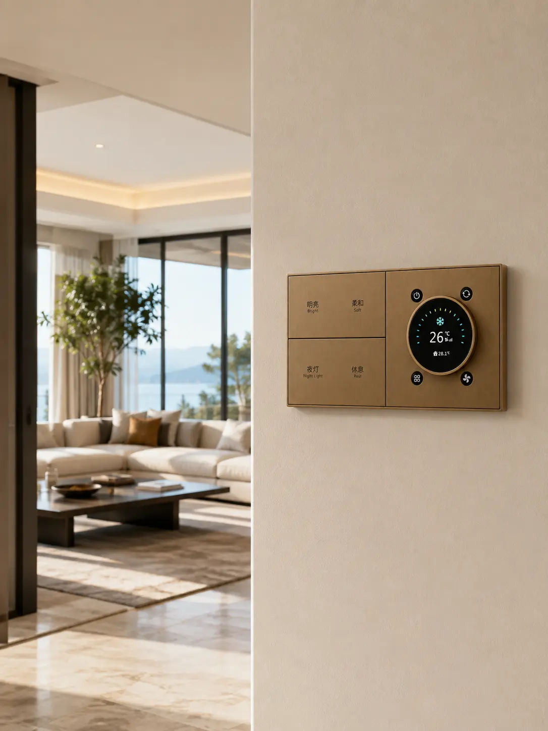 K900 KNX Metal Smart Switch Panel Series 7 K900 smart thermostat control panel installed in a luxury villa living room