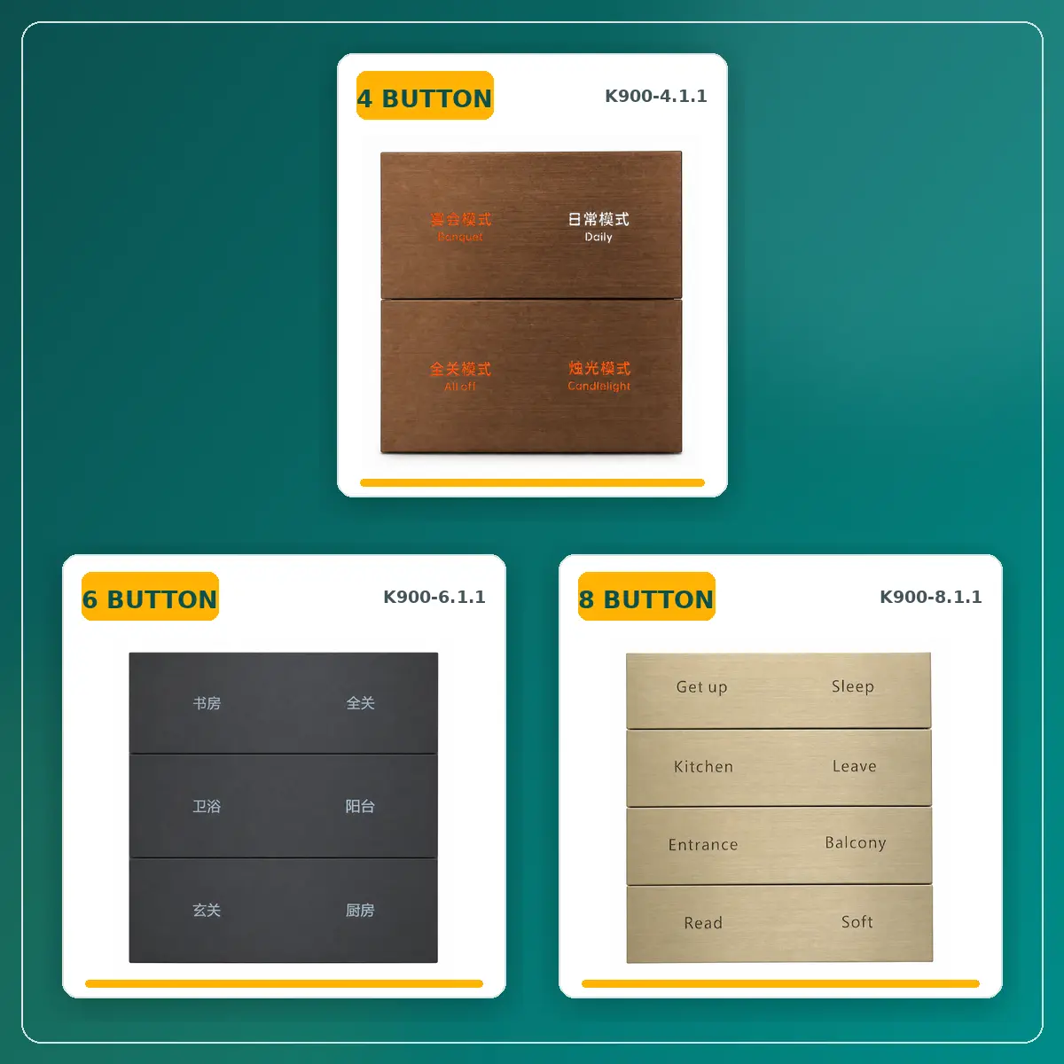 K900 KNX Metal Smart Switch Panel Series 1 k900 knx metal switch panel button configuration layouts 1 K900 KNX Metal Smart Switch Panel Series The K900 Series is a wall-mounted KNX metal smart switch panel available in 4-, 6- and 8-button layouts. Each configuration provides four 16 A relay outputs for lighting, scene and local relay control. KNX TP communication, a 12–30 V DC auxiliary supply and project-selectable brushed, sandblasted or electroplated finishes support hotel, villa, apartment and commercial building projects. KNX Smart Switch Panels