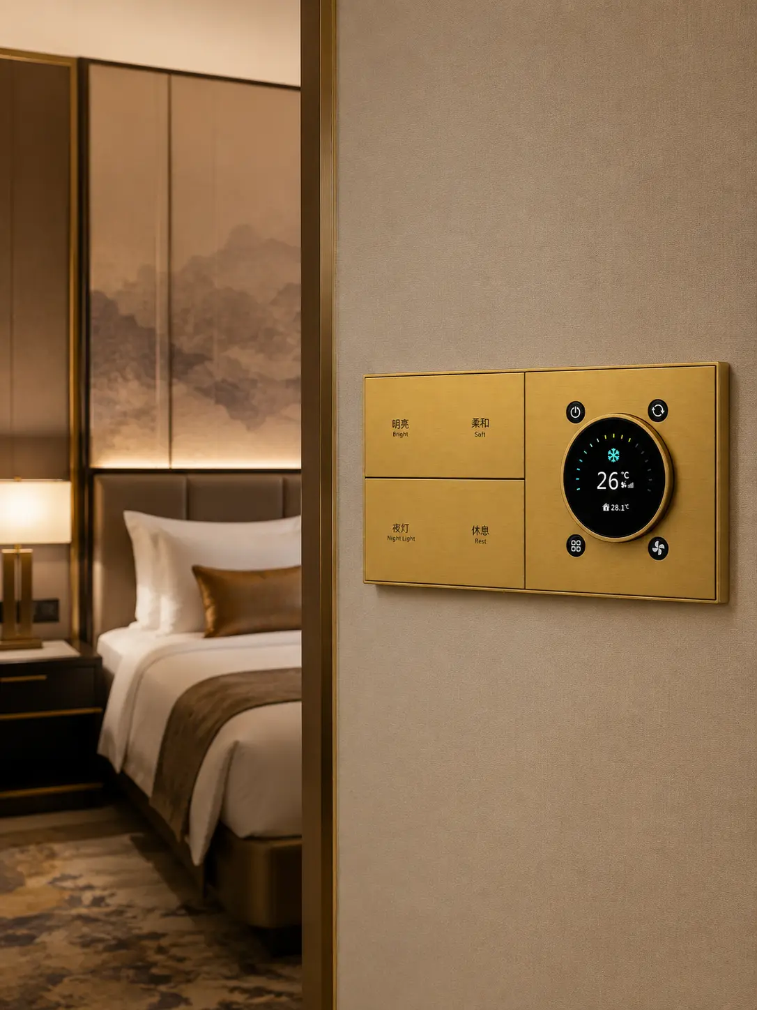 K900 KNX Metal Smart Switch Panel Series 6 K900 smart control panel installed in a high-end hotel bedroom