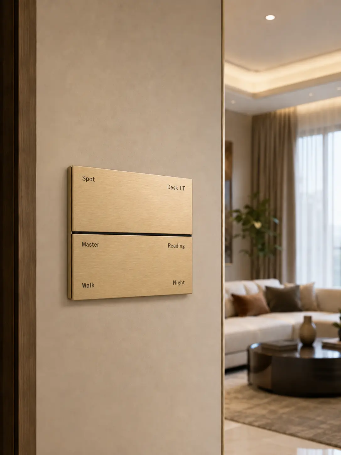 K901 4-button KNX metal smart switch panel in brushed gold installed outside a modern commercial meeting roo