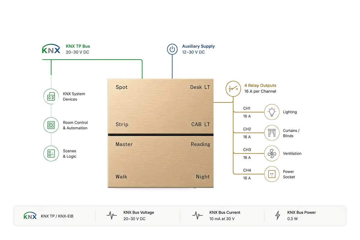 K901 KNX metal smart switch panel system integration overview showing KNX TP, auxiliary power and four 16 A relay outputs
