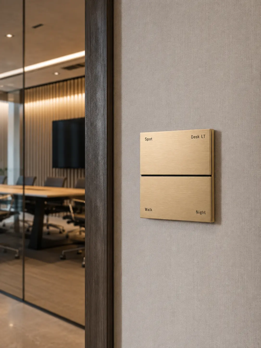 K901 6-button KNX metal smart switch panel in brushed gold installed in a modern residential interior