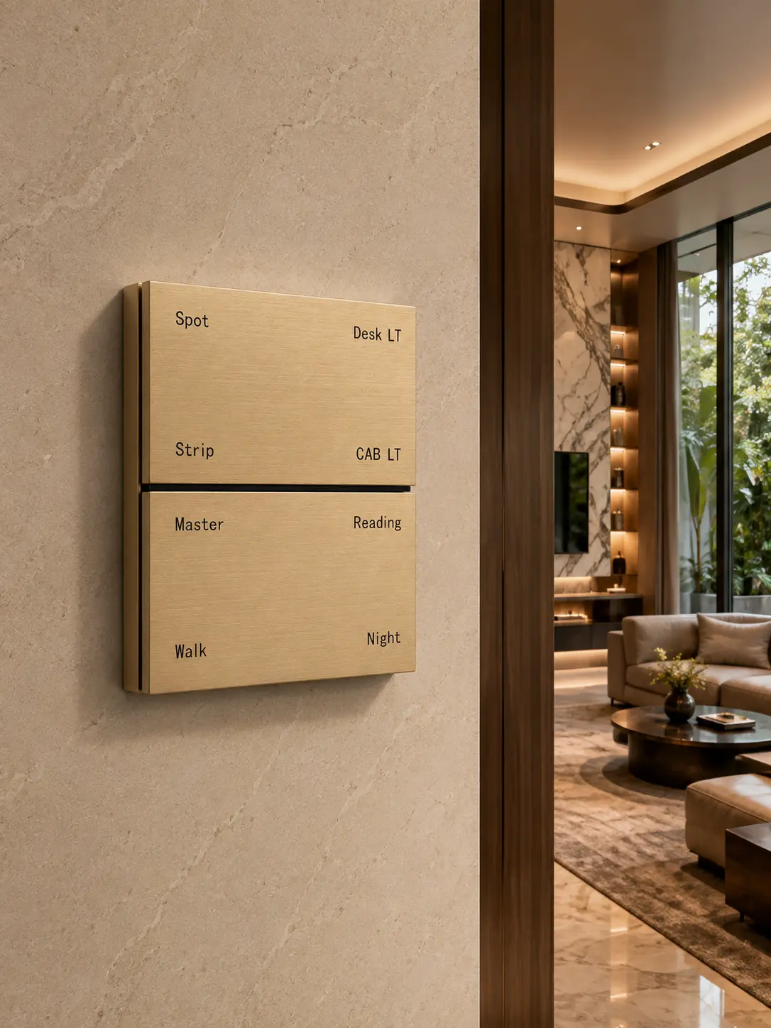 K901 8-button KNX metal smart switch panel in brushed gold installed in a luxury villa interior