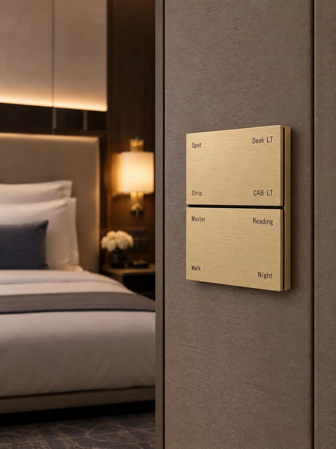 K901 8-button KNX metal smart switch panel in brushed gold installed beside a hotel guest room bed