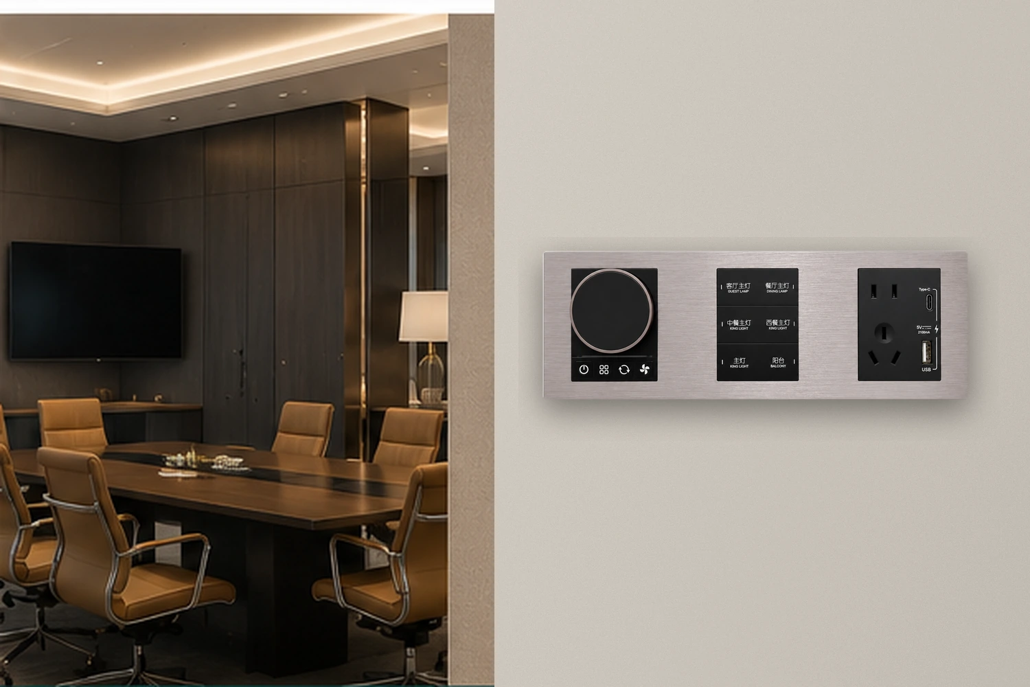 Matching metal wall control, power and data panels in a commercial interior