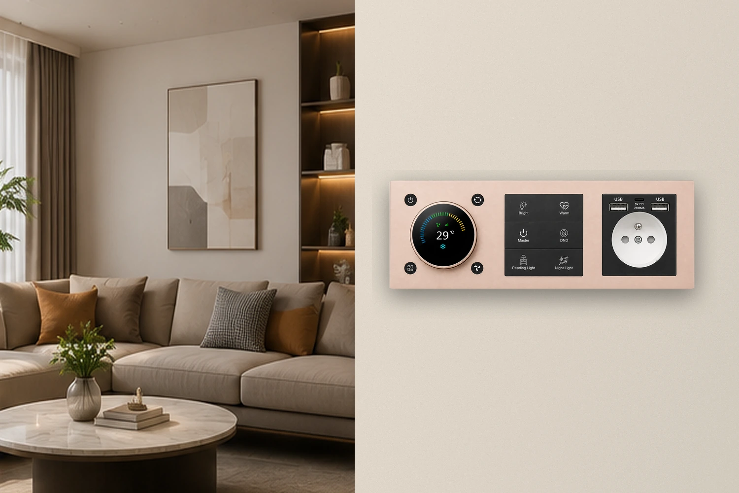 Matching metal smart switch and socket panels in a residential apartment