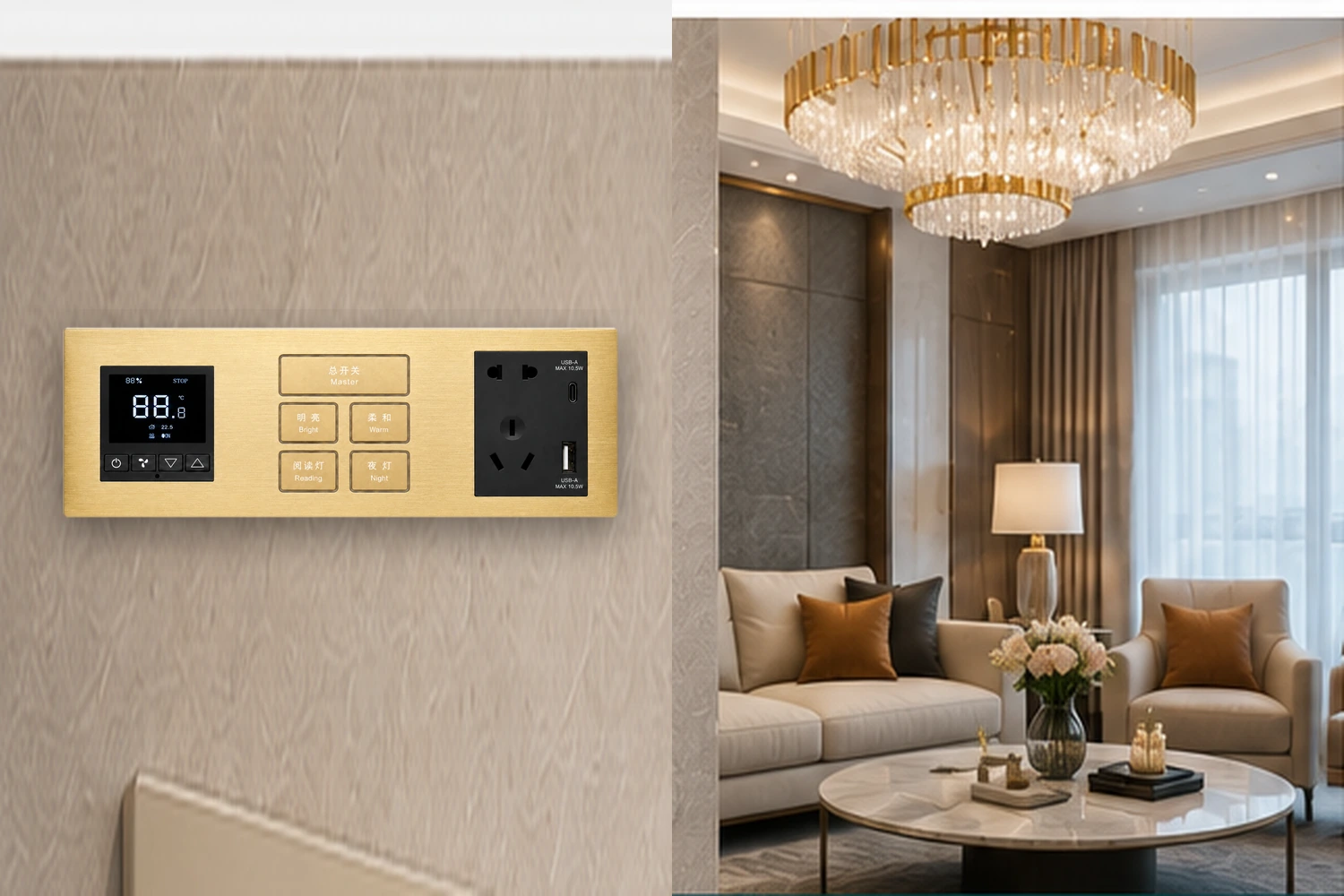 Coordinated metal wall control and socket panels in a premium villa interior