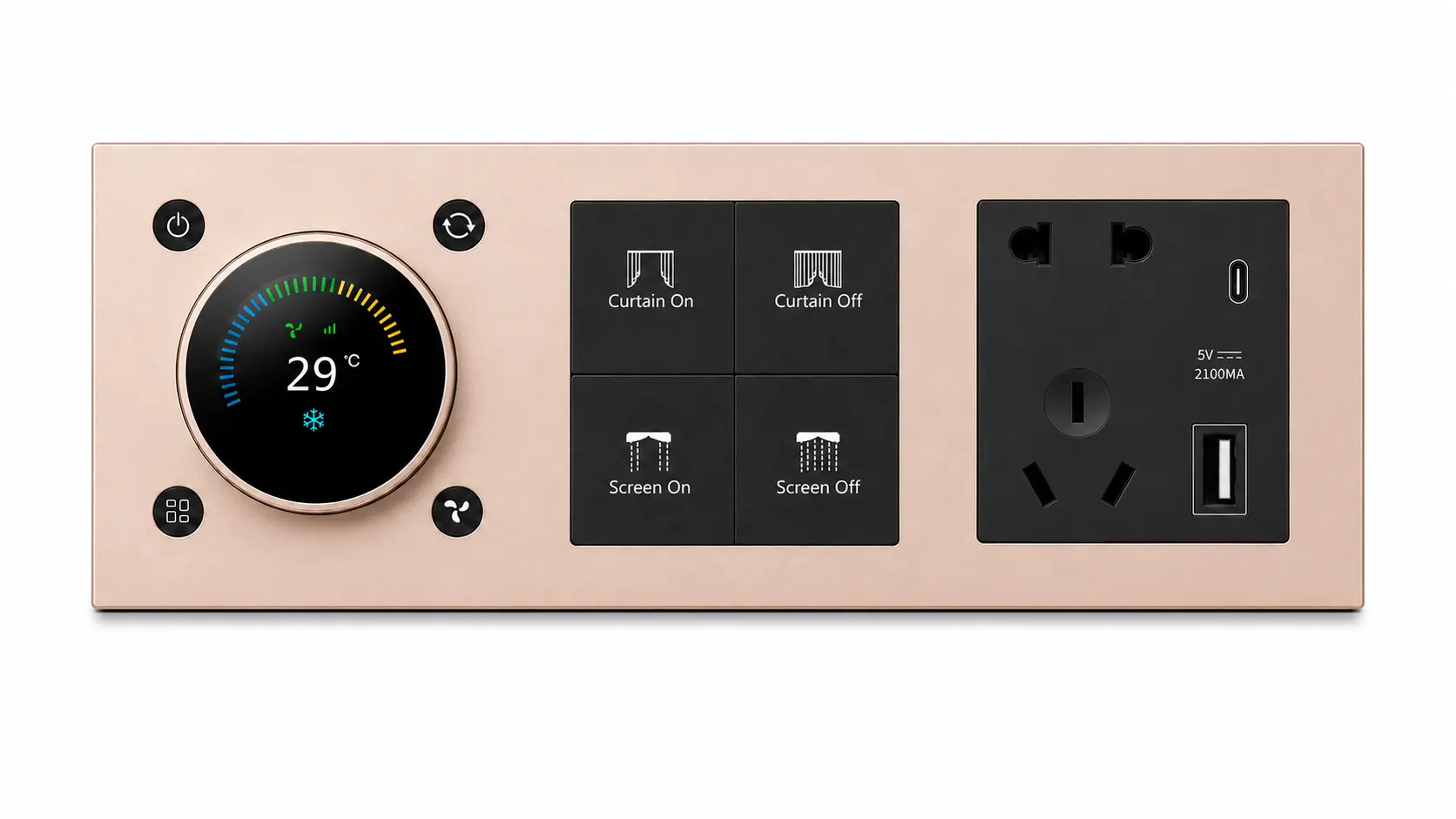 Angled view of a rose gold room control, smart switch and socket combination panel