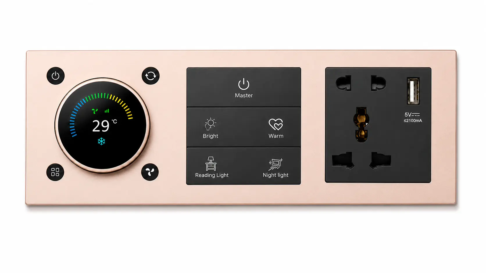Rose gold rotary room control, smart switch keys and matching power socket combination panel